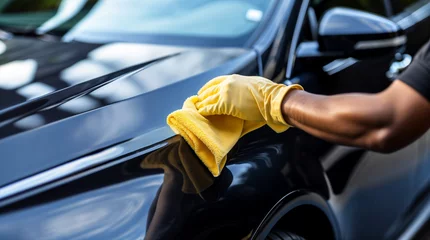 Fotobehang Hand of a man detailing a car, cleaning a car with a microfiber cloth, automobile wash and valeting concept, modern vehicle hd © OpticalDesign