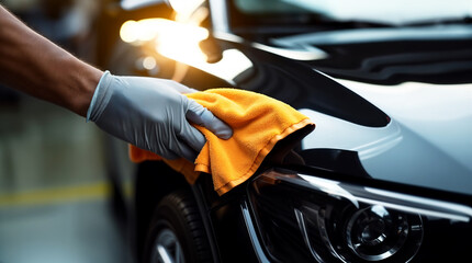 Hand of a man detailing a car, cleaning a car with a microfiber cloth, automobile wash and valeting concept, modern vehicle hd