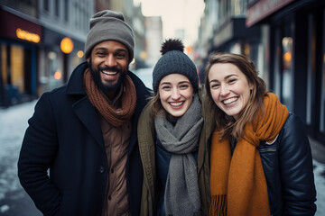 Three Friends Taking a Selfie on the Street in Winter - obrazy, fototapety, plakaty