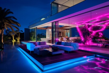 Opulent, modern house with sleek, high-tech decor and mesmerizing neon illumination. Generative AI