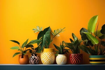 Of colorful houseplants on shelf with orange wall. Abstract background for January 10: Houseplant Appreciation Day. 
