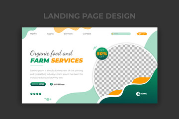Organic food farming and agricultural services landing page design template with abstract green and yellow color shapes, company profile, social media cover or web banner for business promotion
