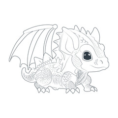 Little dragon black stroke sketch isolated on white background. Vector illustration.