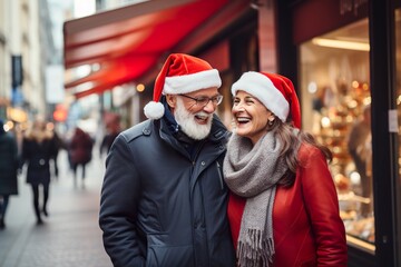 Fototapeta premium Happy senior couple wearing Santa caps celebrating Christmas in the outdoor