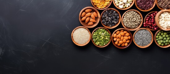 Top down view of superfoods in wooden and ceramic bowls