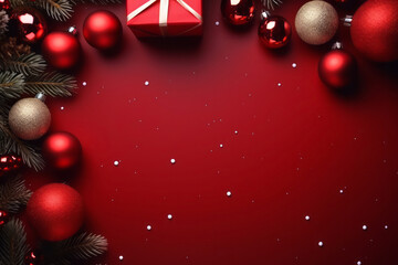 Festive Christmas or New Year red background with decorations and gift boxes. Top view.