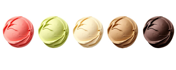 Obraz premium 3d realistic Ice cream scoop balls assorted different flavour top view. Mild dessert. Digital image for artwork design on white background 