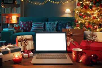 Home interior at Christmas and laptop