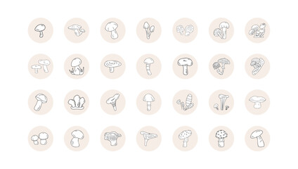 forest Mushroom icon set line black outline in circle. Vector in doodle style edible and inedible.