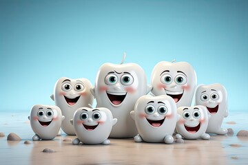 Happy healthy characters teeth on turquoise background