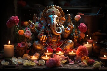A beautiful ganesha statue with diays or clay lamps and flower, hindu tradition of worship