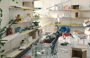 Destroyed abandoned post-apocalyptic supermarket interior