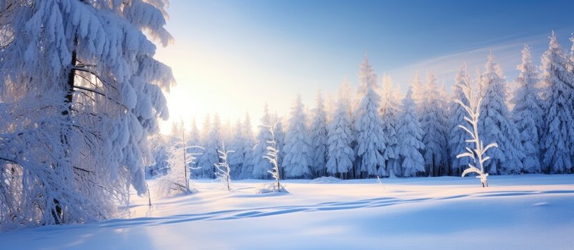 Sunlit snow covered forest in winter landscape