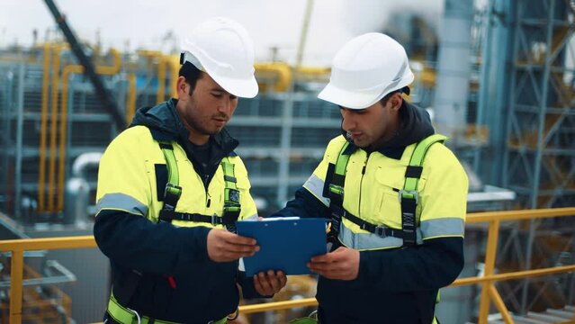 Two Asian male engineer in safety uniform discussing refinery construction technology with plan
