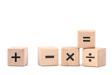 Mathematics operation signs wood cubes isolated on white background