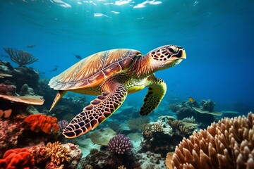 Obraz na płótnie Canvas An oceanic turtle gliding through vibrant coral reefs. Generative AI