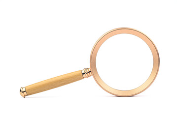 Brass magnifying glass with wooden handle isolated on white background
