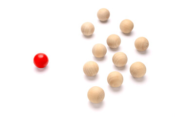 Different wooden red ball, individual, and unique concept, niche market, brand, leadership,...