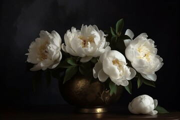 Obraz na płótnie Canvas Beautiful white peonies in a porcelain gold vase set on a table against a dark backdrop. Generative AI
