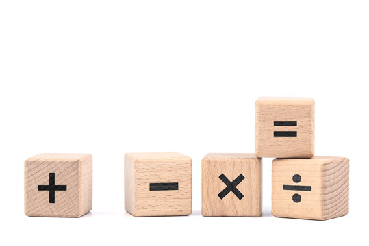 Mathematics operation signs wood cubes isolated on white background