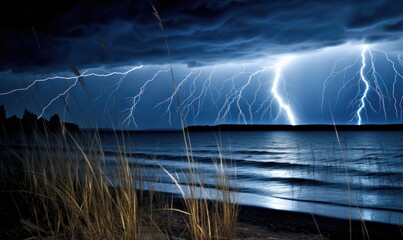 Lightning strike over the sea at stormy night. Nature background