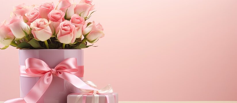 Front view of a pastel pink table with a gift box vase of pink roses and a satin bow suitable for birthdays weddings Mothers Day Valentines Day and Womens Day