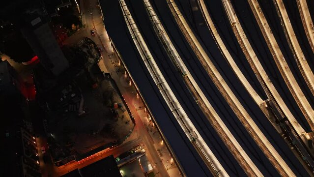 Aerial Top Down View London Bridge Train Station At Night