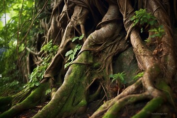 Close-up of ancient tree trunk showcasing roots and lush foliage. Generative AI