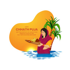 Indian Festival celebration ritual women doing prayer of sunrise and bathing in holy river of bihar. Happy Chhath Puja.