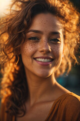 Portrait of a beautiful young woman with freckles on her face in warm lighting.