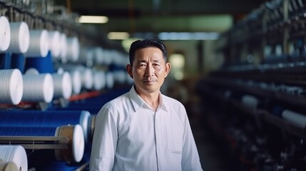 Fototapeta premium Middle aged Asian man working on a fabric production line. It configures the operation of the conveyor. Labor automation in light industry as the key to business success.