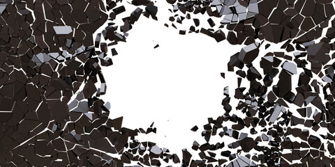 Opening on a black brocken wall, Big empty hole isolated on white transparent background PNG