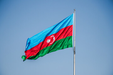 Azerbaijan national flag waving on sky. Concept image for Azerbaijan, Baku city.