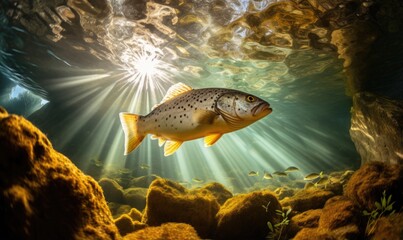 Underwater view of coral reef with fish and rays of sunlight. - obrazy, fototapety, plakaty