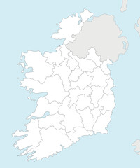 Vector blank map of Ireland with counties and administrative divisions, and neighbouring countries. Editable and clearly labeled layers.