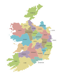 Vector map of Ireland with counties and administrative divisions. Editable and clearly labeled layers.