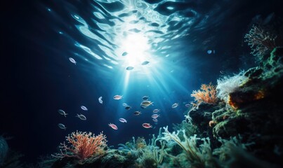 Fototapeta na wymiar Underwater view of coral reef with sun rays shining through water surface