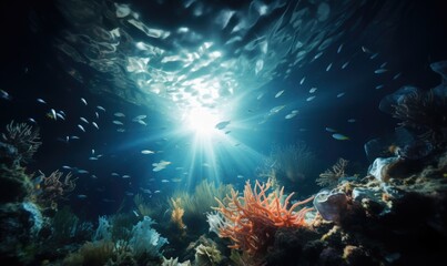 Naklejka na ściany i meble Underwater view of coral reef with fish and rays of sunlight.
