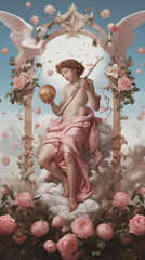 baby cupid with numerous of flowers, love, romance, renaissance, generative AI