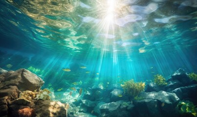 Fototapeta na wymiar Underwater view of coral reef with sun rays shining through water surface
