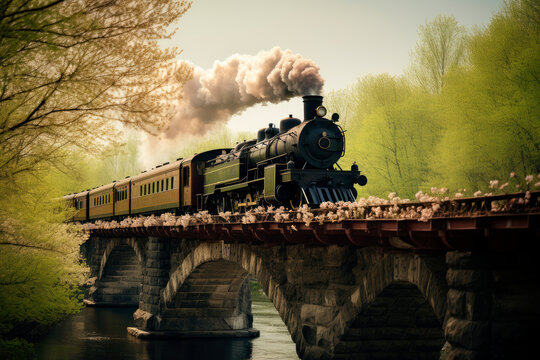 Vintage steam train crossing an old stone bridge over a river at the spring forest with a blooming flowers