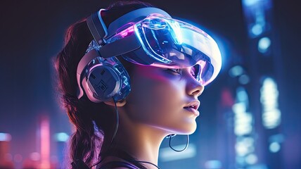 Woman wearing wearable device VR virtual reality goggles. Futuristic lifestyle and Metaverse technology concept. 