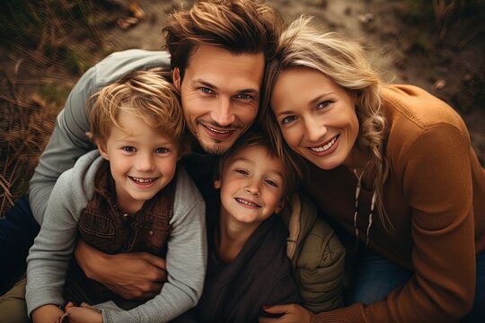 happy family portrait father mother and sons hugging in nature landscape, Generative Ai