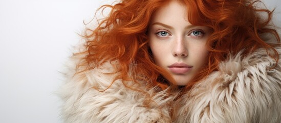 Solitary redhead in fur coat on white background