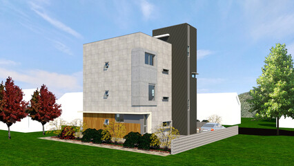 house in the park, rendering of a modern house