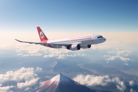 Airbus A321 on a sunny day over Mount Fuji