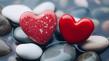 Obraz premium Two beautiful red hearts on a background of gray stones