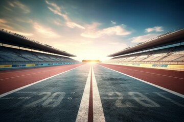 Wide view of an empty race track with start and finish line, enhanced with motion blur effect. Generative AI - obrazy, fototapety, plakaty