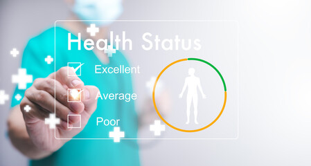 The Woman Doctor uses a pen checkbox for Health status excellence in the Health Status evaluation...