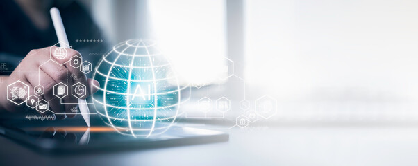 Programmer people working laptops or smartphones with AI, artificial intelligence software engineer coding on laptop computers with technology icons and binary code, big data, Ai bot digital machine